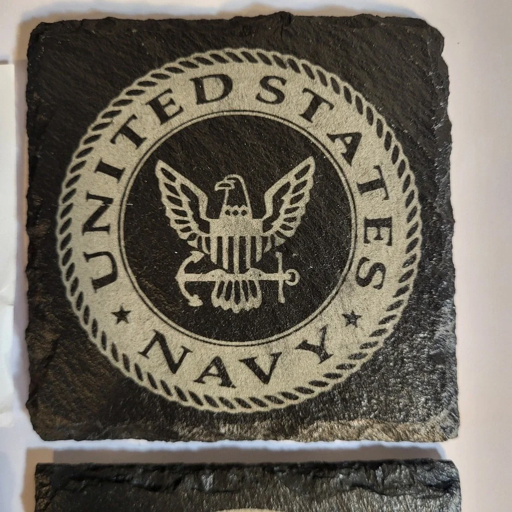 US Military Slate Coasters Set Navy Marine Corps Air Force Etched Black Stone